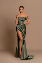 Beautiful Long Mermaid Off-the-shoulder Satin Prom Dress With Slit