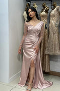 Beautiful Long Pink Mermaid Glitter Lace Split Front Prom Dresses with Long Sleeves