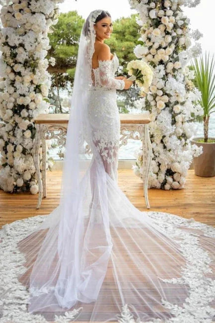Beautiful Long White Mermaid Off-the-shoulder Lace Glitter Wedding Dress with Long Sleeves