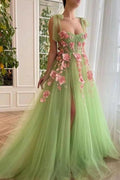 Beautiful spaghetti straps sleeveless a-line soft net evening dresses split front