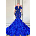Glamorous & Dramatic V-Neck Cap Sleeves Applique Mermaid Evening Party Prom Dress