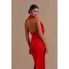 Sexy V Neck Pleats Red Mermaid Long Formal Party Dress