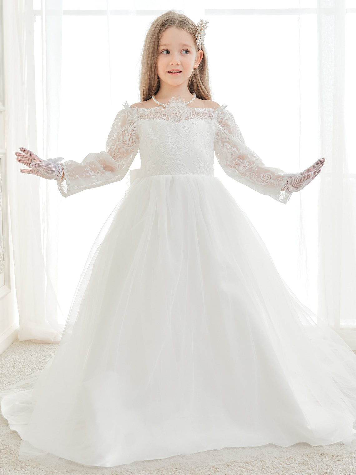 A-line Lace Tulle Floor-length Ivory Dress (2003227154)