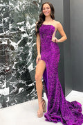 Mermaid Strapless Purple Sequins Long Prom Dress with Split Front