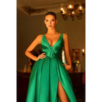 V-Neck Sleeveless Ruched Satin A-Line Long Prom Evening Dress With Slit