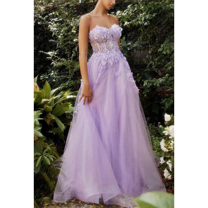 Sweetheart Strapless Appliqued Sheer Tulle A-Line Long Prom Evening Dress