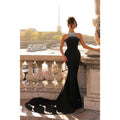 Sheath Beaded High Neck Satin Long Prom Dress with Train Evening Gowns