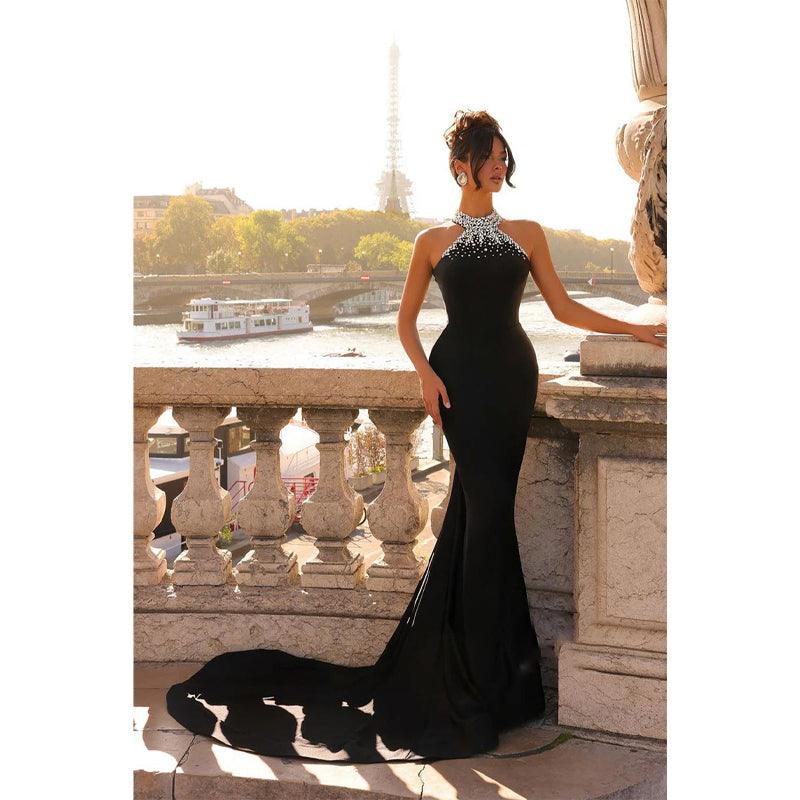 Sheath Beaded High Neck Satin Long Prom Dress with Train Evening Gowns