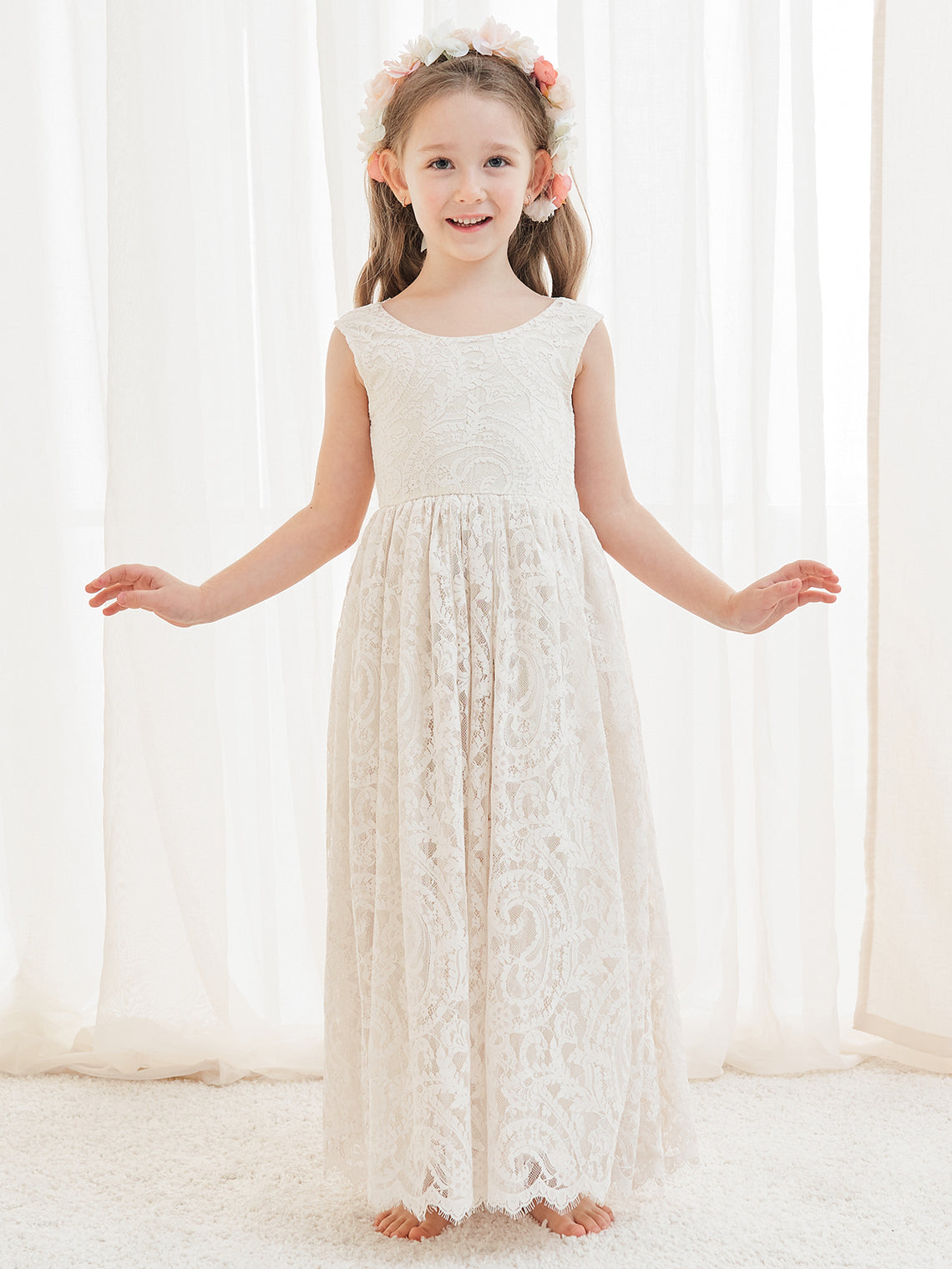 A-line Lace Ankle-length Ivory Boho Flower Girl Dress