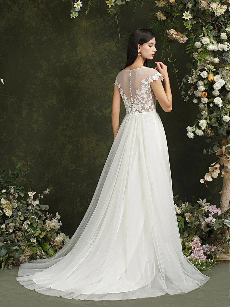 Long A-line Sweetheart Chiffon Lace Wedding Dresses with slit