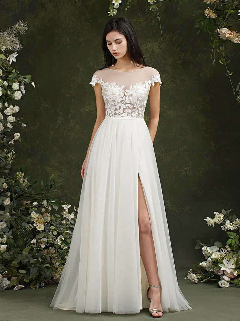 Long A-line Sweetheart Chiffon Lace Wedding Dresses with slit