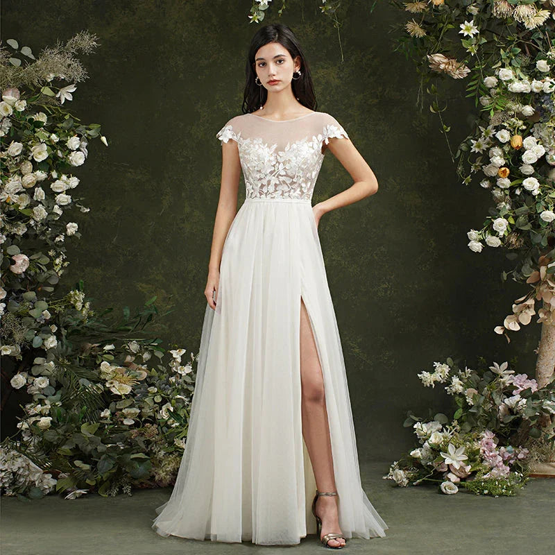 Long A-line Sweetheart Chiffon Lace Wedding Dresses with slit