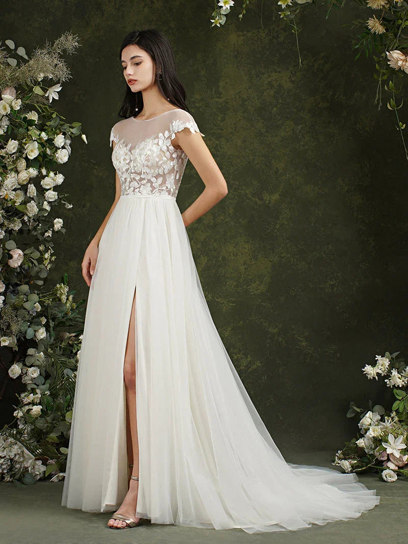 Long A-line Sweetheart Chiffon Lace Wedding Dresses with slit