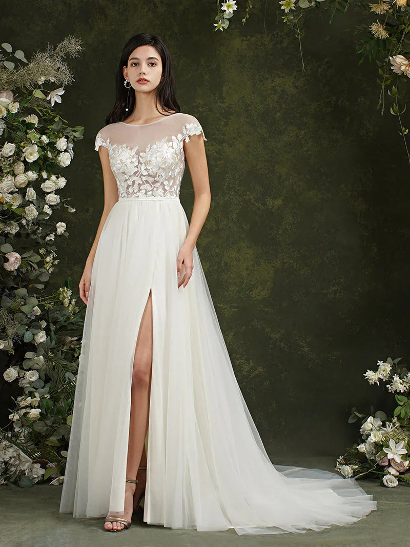 Long A-line Sweetheart Chiffon Lace Wedding Dresses with slit
