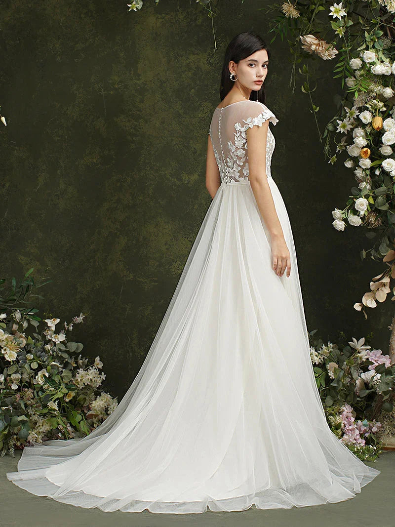 Long A-line Sweetheart Chiffon Lace Wedding Dresses with slit