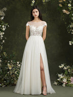 Long A-line Sweetheart Chiffon Lace Wedding Dresses with slit