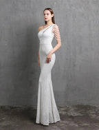 Mermaid / Trumpet Evening Gown Sparkle & Shine Dress Formal Wedding Guest Floor Length Short Sleeve One Shoulder Sequined with Sequin