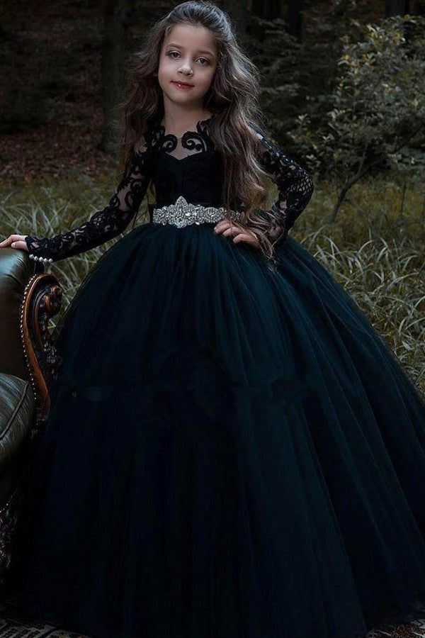 Black Long Sleeve Appliques Lace Pearl Bateau Tulle Princess Flower Girl Dress