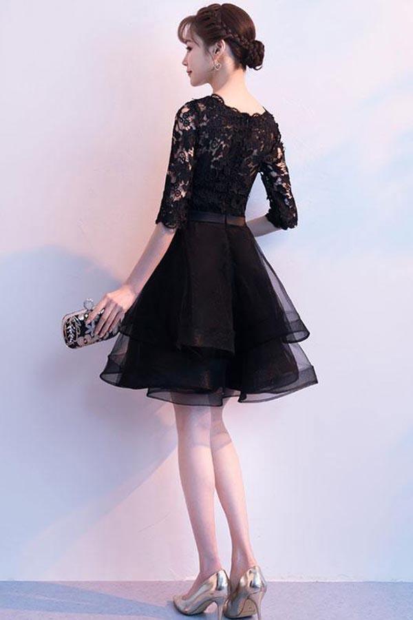 V Neck Lace Tulle Short Prom Dress Black Homecoming Dress