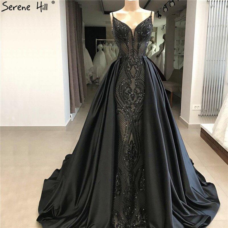 Black  V-Neck Sexy Sparkle Evening Dresses Dubai Design Sequined Sleeveless Evening Gowns Real Photo LA60727