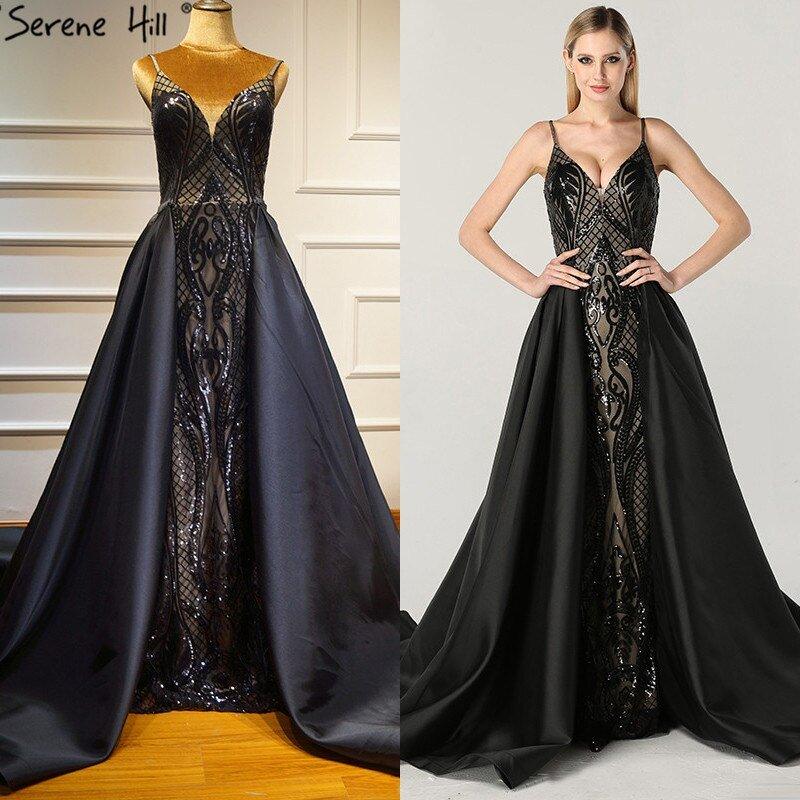 Black  V-Neck Sexy Sparkle Evening Dresses Dubai Design Sequined Sleeveless Evening Gowns Real Photo LA60727