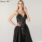 Black  V-Neck Sexy Sparkle Evening Dresses Dubai Design Sequined Sleeveless Evening Gowns Real Photo LA60727