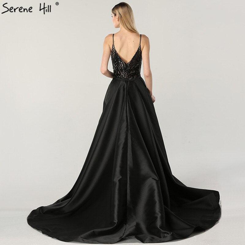Black  V-Neck Sexy Sparkle Evening Dresses Dubai Design Sequined Sleeveless Evening Gowns Real Photo LA60727