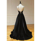 Black Velvet A-line V-neck Spaghetti Straps Long Simple Prom Dress