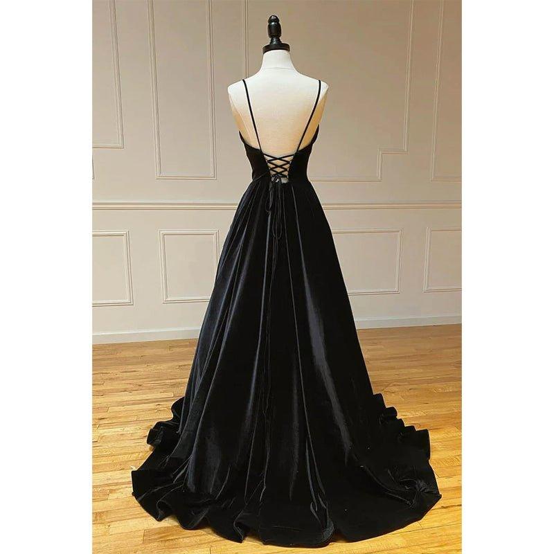Black Velvet A-line V-neck Spaghetti Straps Long Simple Prom Dress
