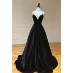 Black Velvet A-line V-neck Spaghetti Straps Long Simple Prom Dress
