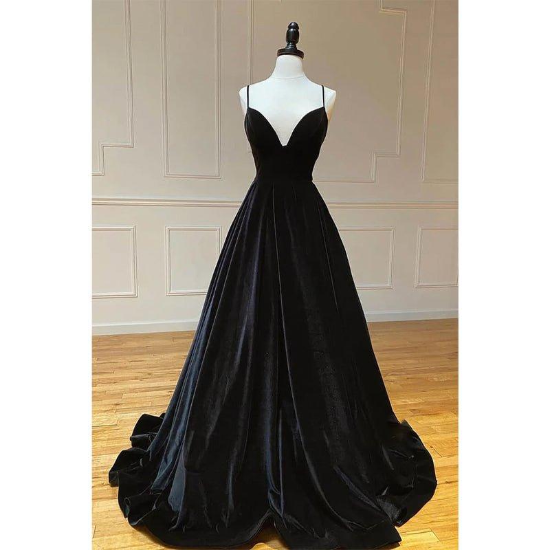 Black Velvet A-line V-neck Spaghetti Straps Long Simple Prom Dress