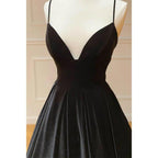 Black Velvet A-line V-neck Spaghetti Straps Long Simple Prom Dress