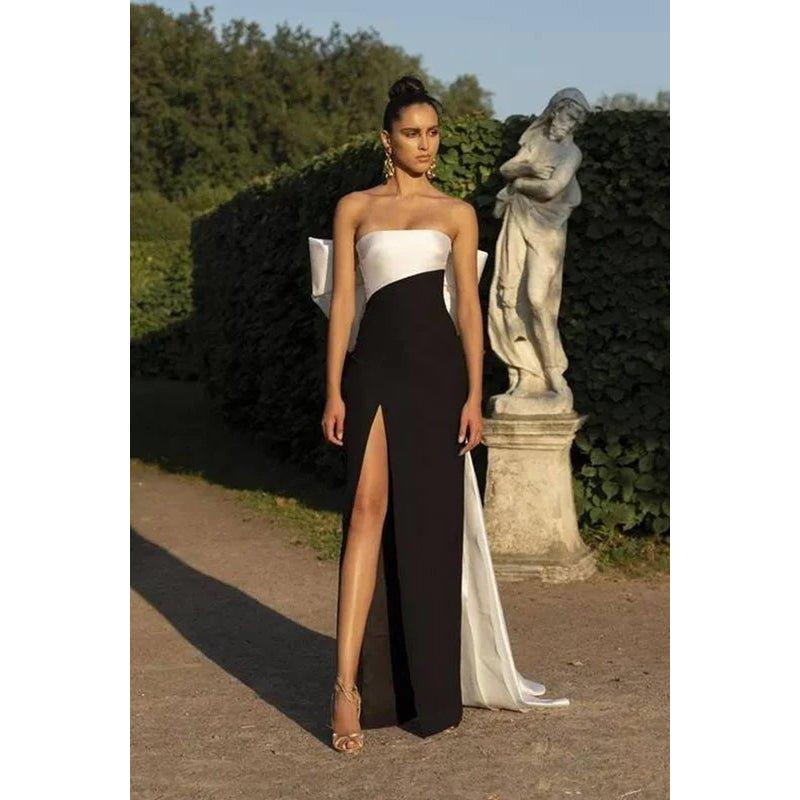 Black White Sheath Strapless Sleeveless Long Evening Dress With Bow