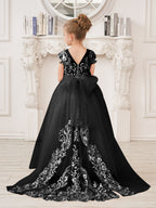 A-line Lace Tulle Sweep Train Pink Flower Girl Dress