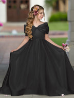 Elegant Ivory Satin Princess Ball Gown with Sweep Train and Bow for Flower Girls