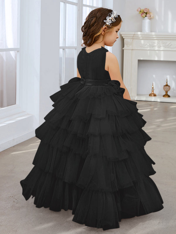 Ball-Gown/Princess Pearl Pink Sleeveless Tulle Bow Flower Girl Dress