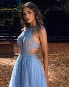 Blue HalterLong Prom Dress Tulle Evening Ball Dresses Beadings