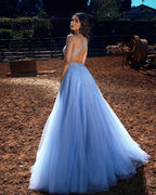 Blue HalterLong Prom Dress Tulle Evening Ball Dresses Beadings