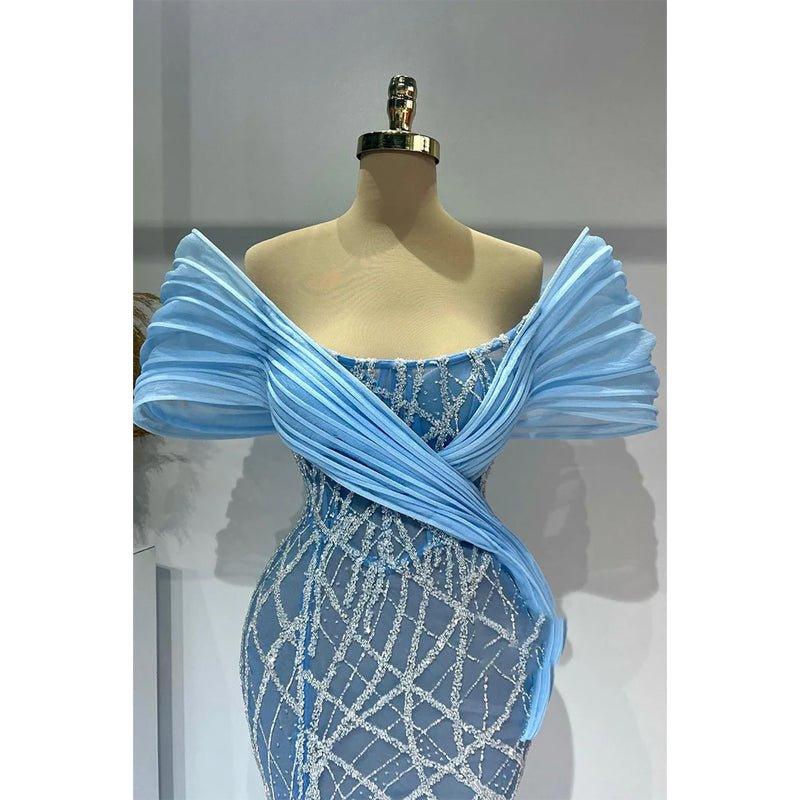 Blue Off-shoulder Bedaed Sheath Long Split Prom Dress Evening Gown
