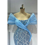 Blue Off-shoulder Bedaed Sheath Long Split Prom Dress Evening Gown