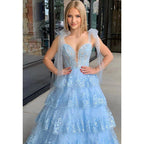 Blue V-neck Illusion Applique Sequins Long Prom Dress Evening Gowns