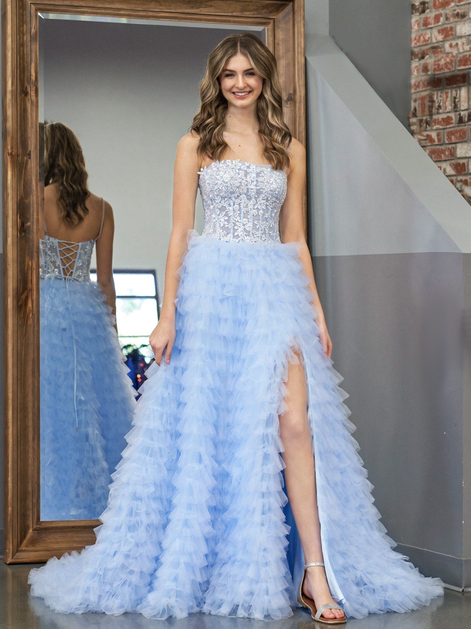 Sky Blue A-Line Tiered Sequins Tulle Long Prom Dress