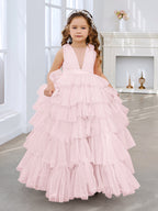 Ball-Gown/Princess Pearl Pink Sleeveless Tulle Bow Flower Girl Dress (010220814)