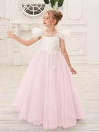 Detachable  Lace Tulle Sweep Train Flower Girl Dress