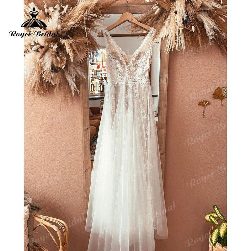 Boheme V Neck Lace Boho Wedding Dress Backless  Robe Mariee Civil Vintage Wedding Gowns for Bridal Vestidos de Nova Beach