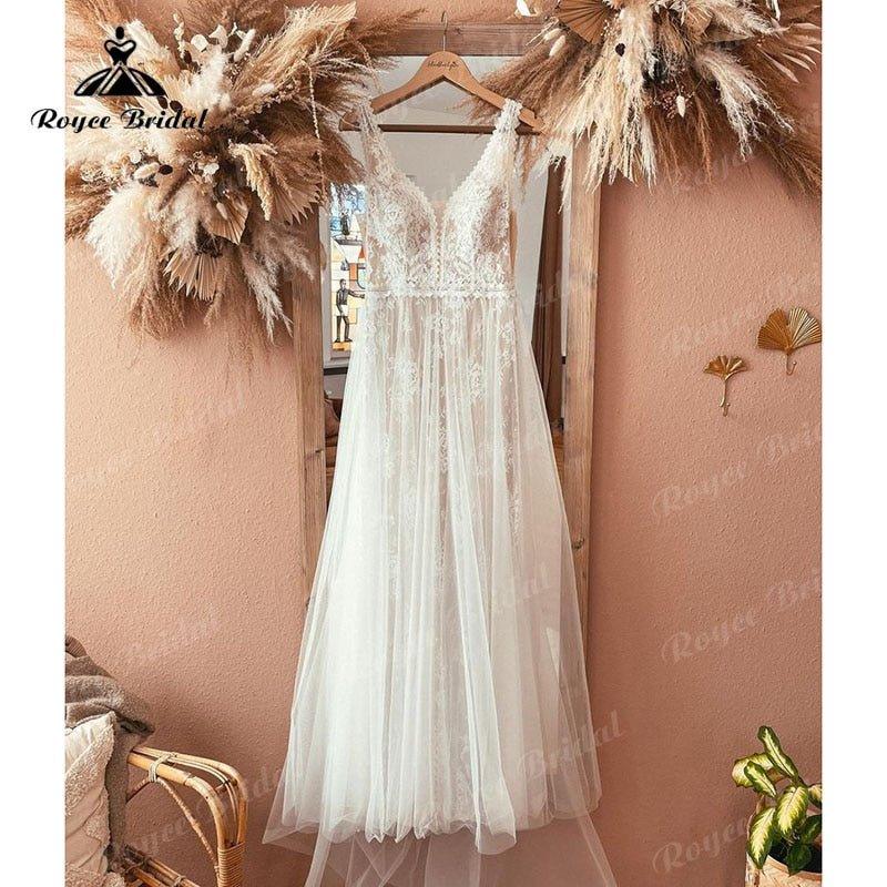 Boheme V Neck Lace Boho Wedding Dress Backless  Robe Mariee Civil Vintage Wedding Gowns for Bridal Vestidos de Nova Beach