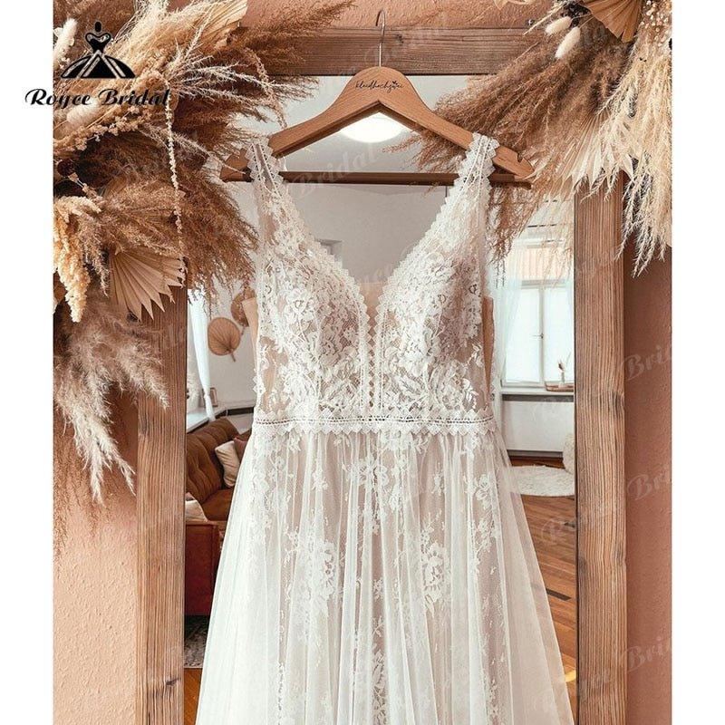 Boheme V Neck Lace Boho Wedding Dress Backless  Robe Mariee Civil Vintage Wedding Gowns for Bridal Vestidos de Nova Beach