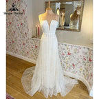 Boho A-Line Wedding Dress Custom For Women Bride Gown Sexy V-neck Spaghetti Straps Back Lace Up Bow Belt Lace Sweep vestido