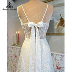 Boho A-Line Wedding Dress Custom For Women Bride Gown Sexy V-neck Spaghetti Straps Back Lace Up Bow Belt Lace Sweep vestido