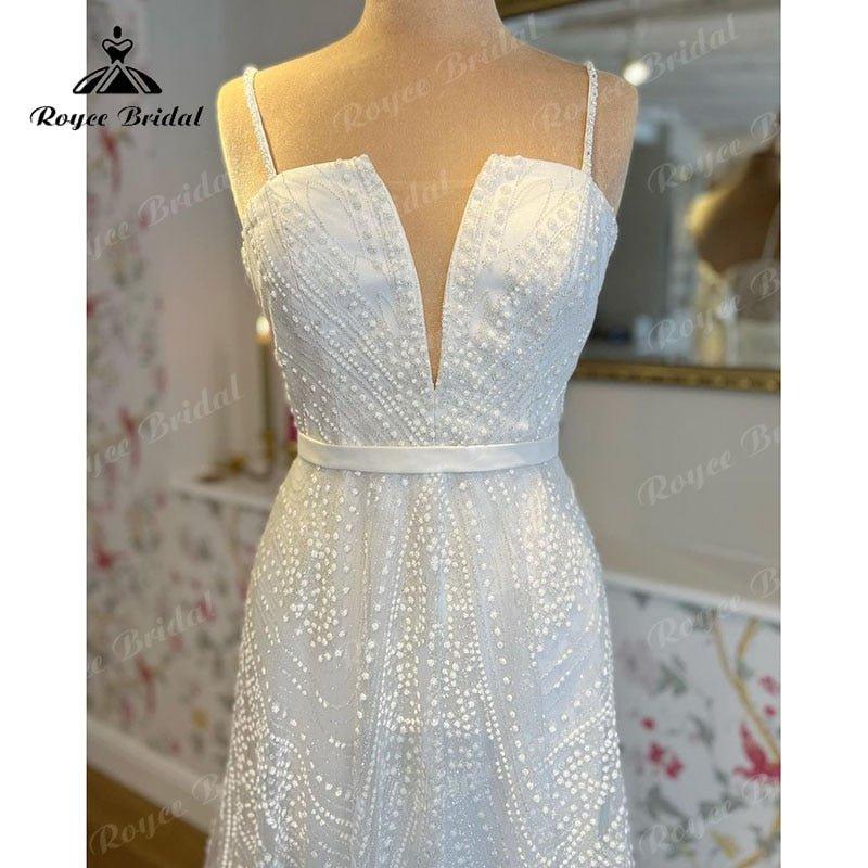 Boho A-Line Wedding Dress Custom For Women Bride Gown Sexy V-neck Spaghetti Straps Back Lace Up Bow Belt Lace Sweep vestido